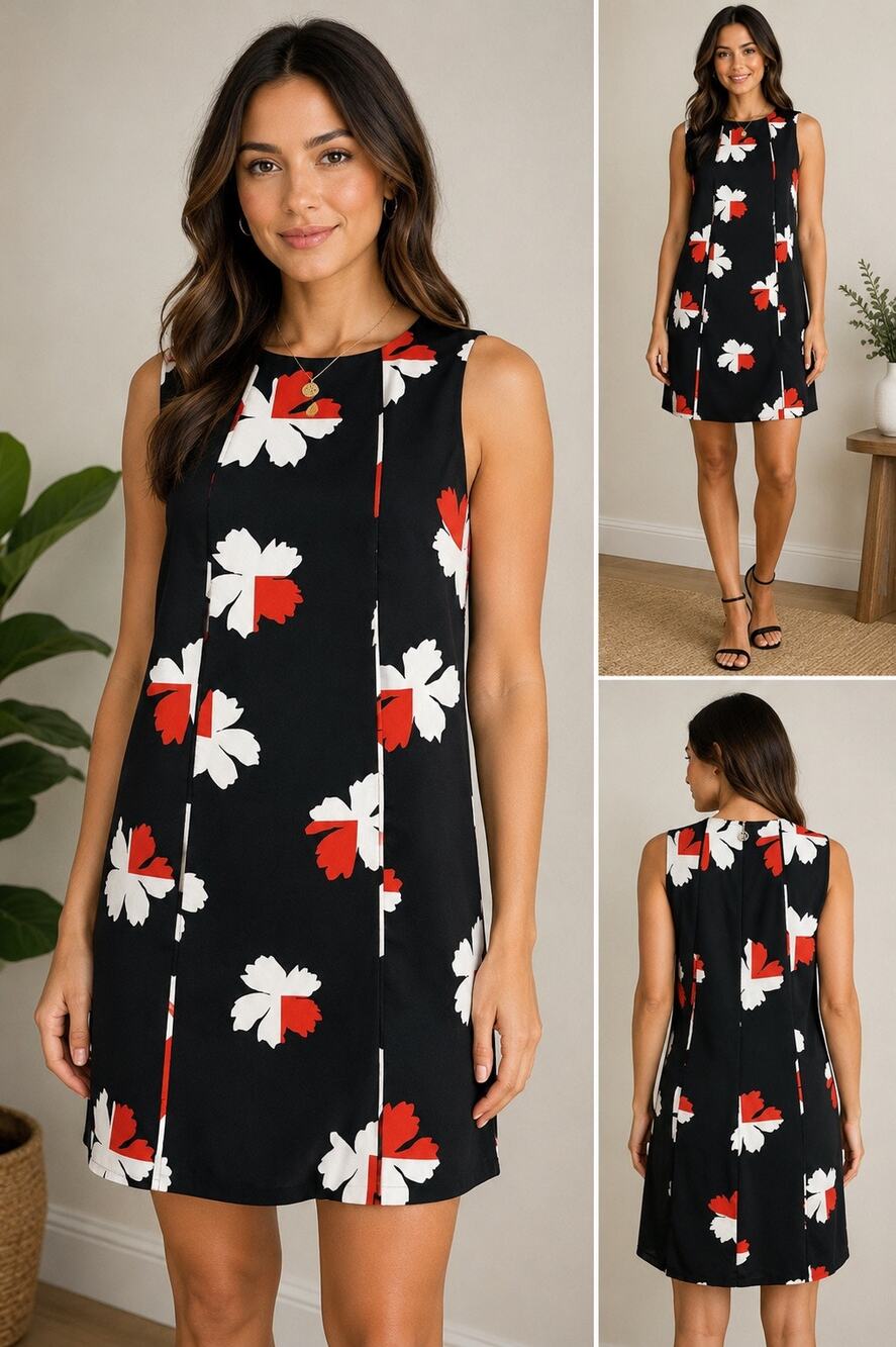 Tommy Hilfiger Black Floral Shift Dress Women 4 Sleeveless Red White Print